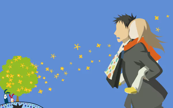 Minimalist 4K Ultra HD anime wallpaper featuring Daikichi Kawachi and Rin Kaga from Usagi Drop with vibrant, simple colors and star-like accents on a blue background.