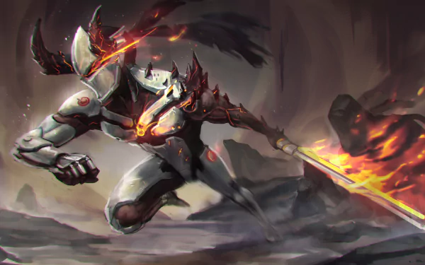 HD desktop wallpaper of the warrior Genji from the video game Overwatch, wearing futuristic armor and wielding a flaming sword in a dynamic, battle-ready stance.