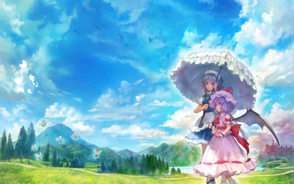 HD anime desktop wallpaper featuring Sakuya Izayoi and Remilia Scarlet from Touhou, set against a bright blue sky and lush green landscape.