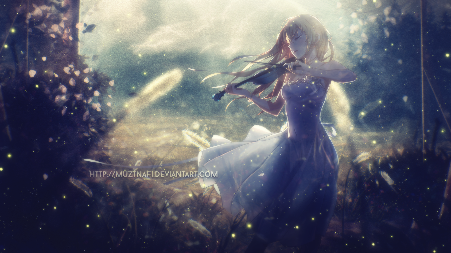 HD desktop wallpaper featuring Kaori Miyazono from the anime Your Lie in April playing the violin amidst a serene, mystical setting.