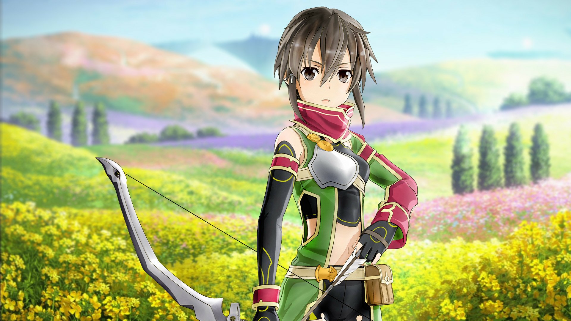 HD PC desktop wallpaper featuring Shino Asada from Sword Art Online II, standing with a bow in a vibrant, sunlit field of flowers.