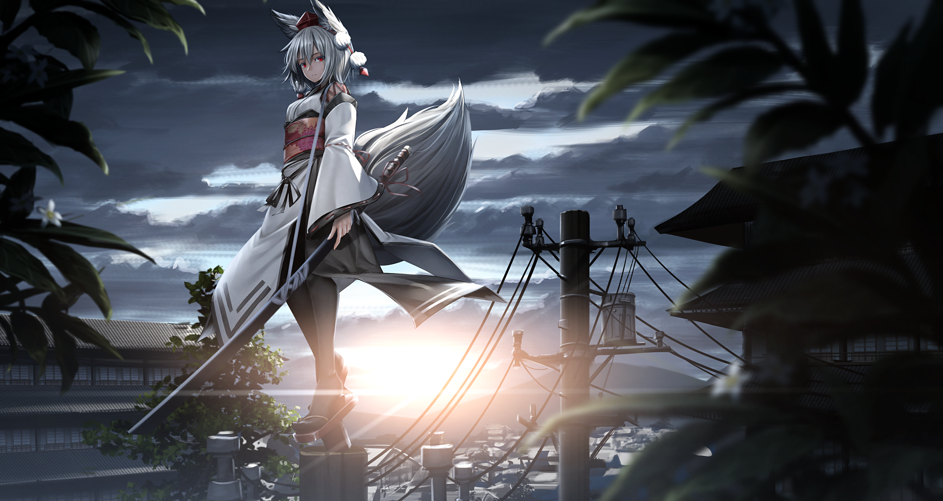 HD anime desktop wallpaper featuring Momiji Inubashiri from Touhou, standing on a rooftop at dusk with her wolf ears and tail under a cloudy sky.