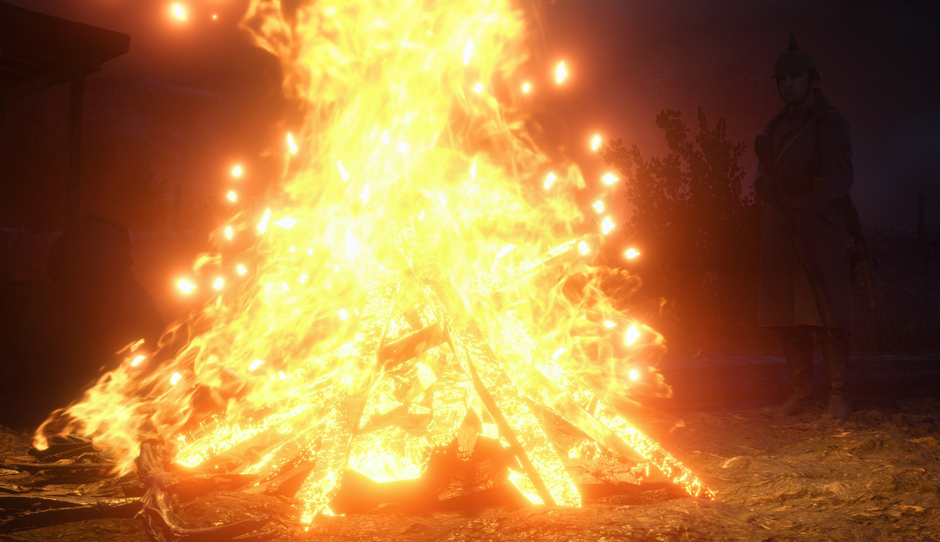 4K Ultra HD Battlefield 1 wallpaper featuring a blazing bonfire with intense flames illuminating the dark surroundings in the video game setting.