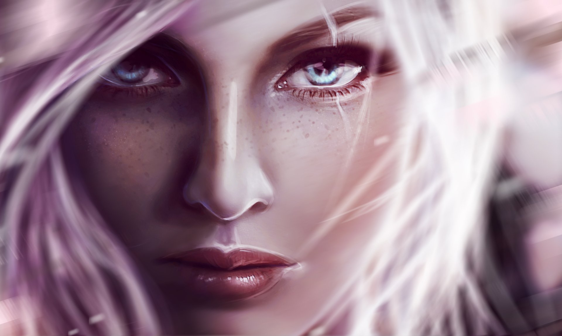Close-up of a fantasy woman with striking blue eyes and white hair, rendered in stunning 8K Ultra HD for a PC desktop wallpaper.