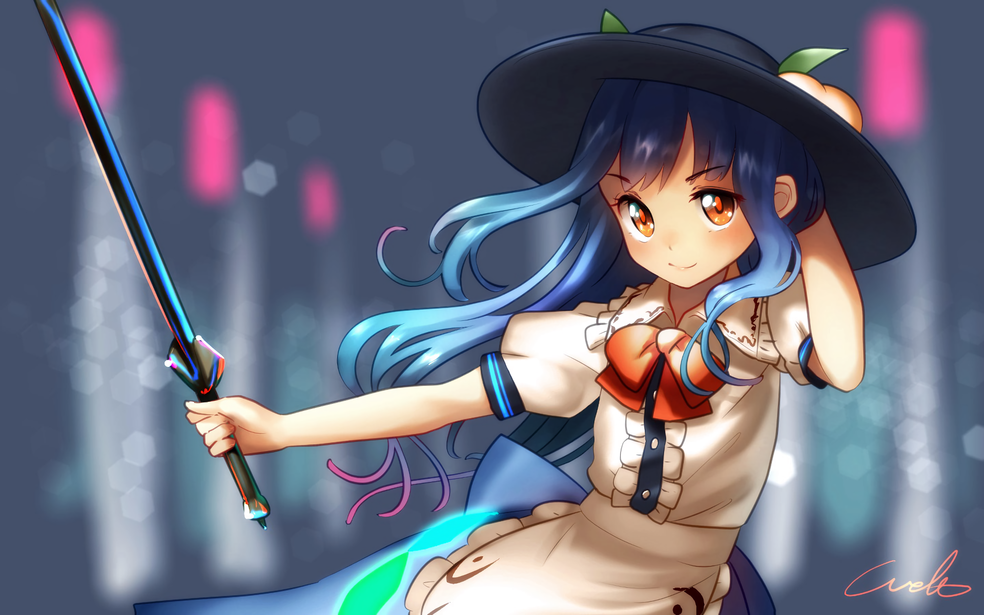 HD anime desktop wallpaper of Tenshi Hinanawi (Touhou): blue-haired girl in a hat and sailor dress brandishing a glowing sword against a neon backdrop.