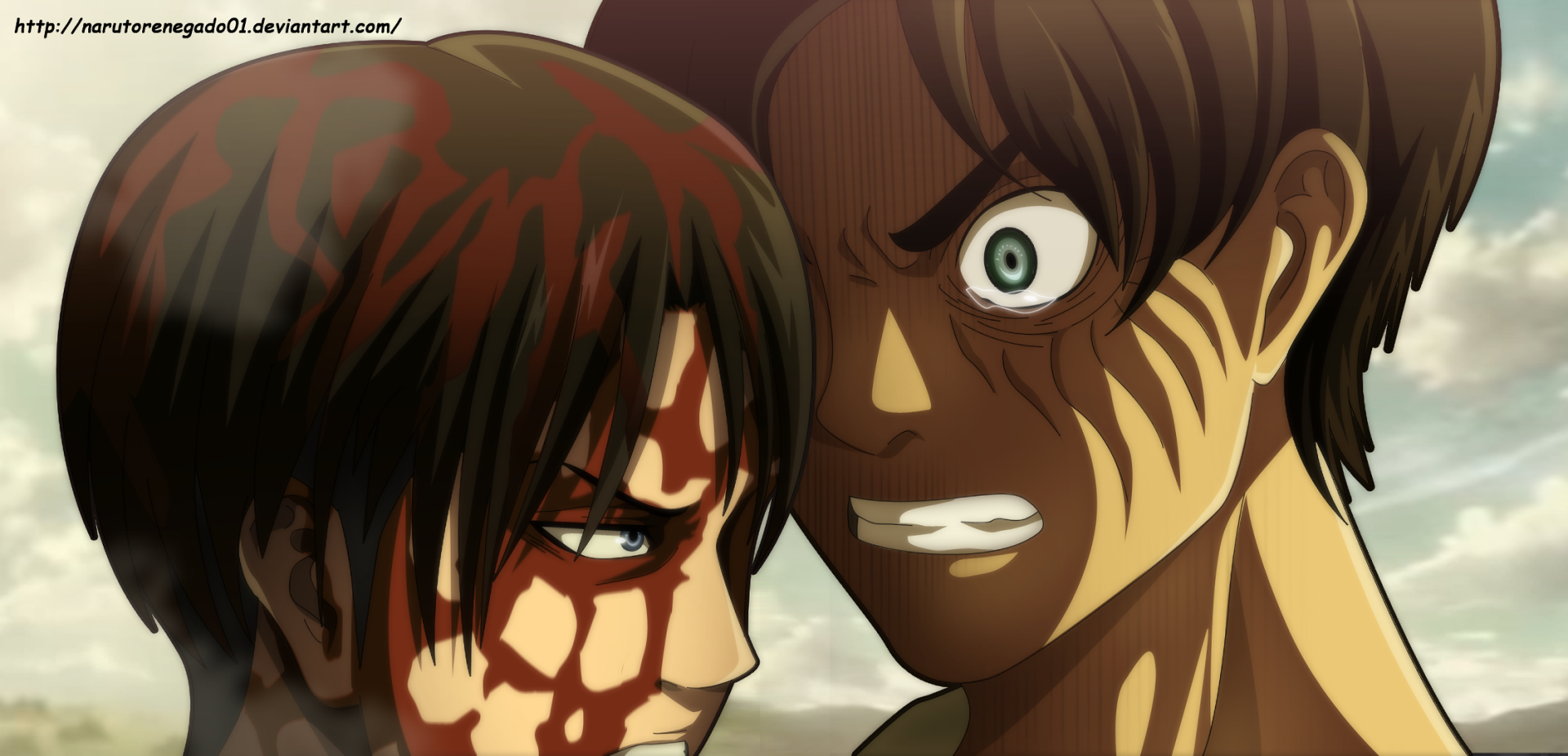 HD anime wallpaper featuring intense close-up of Eren Yeager from Attack on Titan with dramatic expressions and blood splatters.