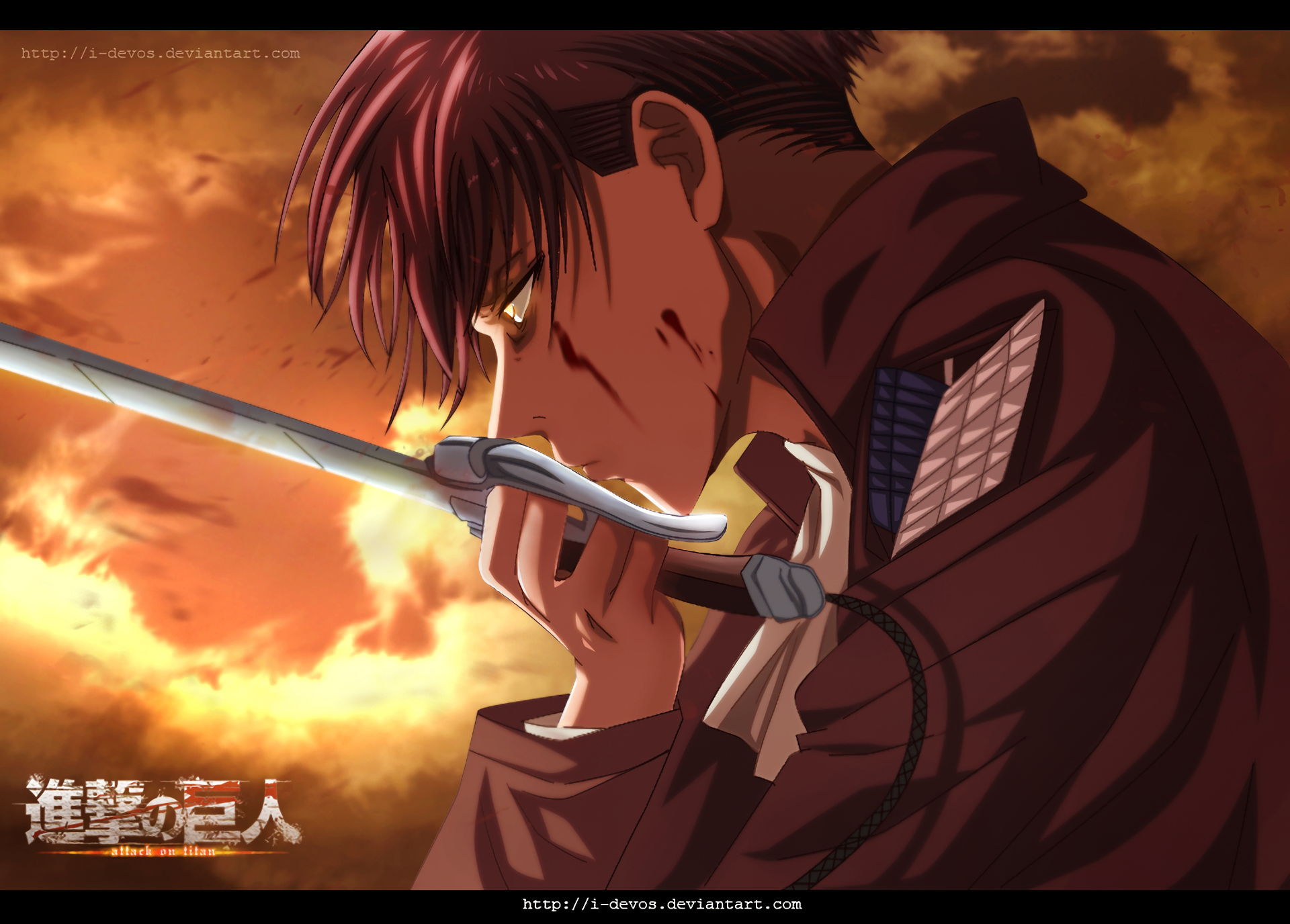 HD wallpaper featuring Levi Ackerman from Attack on Titan, depicted with a sword against a dramatic sunset background.