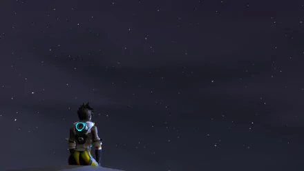 HD PC desktop wallpaper featuring Tracer from the video game Overwatch, seated on a ledge and gazing out at a wide starry night sky.