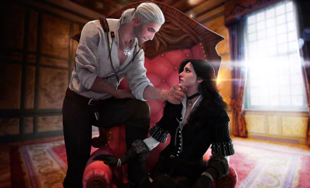 HD PC desktop wallpaper from The Witcher 3: Wild Hunt featuring Geralt of Rivia gently holding Yennefer of Vengerberg seated on a throne in a warmly lit room.