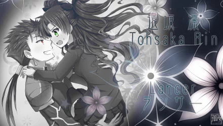 HD desktop wallpaper featuring Rin Tohsaka and Lancer from the anime Fate/Stay Night: Unlimited Blade Works with floral accents in a grayscale color scheme.