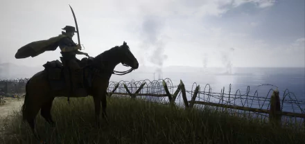 A Battlefield 1 soldier on horseback overlooking a barbed-wire coast with smoke rising from the sea, captured in a 4K Ultra HD video game wallpaper.