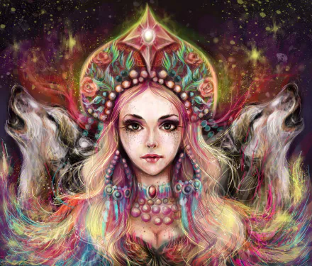 A fantasy-themed 4K Ultra HD PC wallpaper featuring a mystical woman adorned with an ornate headdress, flanked by two ethereal wolves against a vibrant cosmic background.