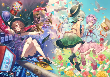 HD PC desktop wallpaper featuring anime characters Sumireko Usami, Hata no Kokoro, Koishi Komeiji, and Satori Komeiji from the Touhou series in a vibrant, colorful scene.