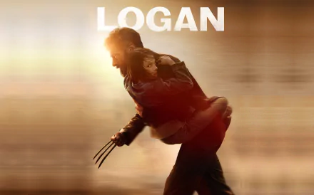 HD desktop wallpaper featuring Logan with X-23 from the movie Logan, starring Hugh Jackman and Dafne Keen. LOGAN is prominently displayed at the top, showing Wolverine's claws in silhouette.
