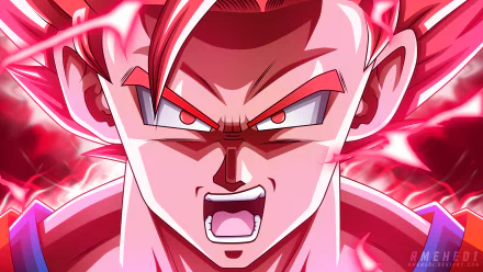 HD desktop wallpaper featuring Goku from Dragon Ball Super, depicted with intense red energy aura, shouting with a determined expression. Perfect background for anime fans.