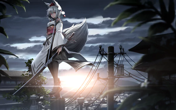 HD anime desktop wallpaper featuring Momiji Inubashiri from Touhou, standing on a rooftop at dusk with her wolf ears and tail under a cloudy sky.