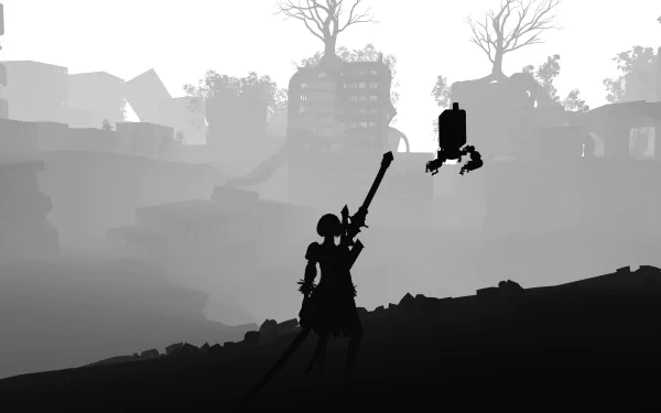 Black & white HD desktop wallpaper featuring a silhouetted character and robot companion from the video game NieR: Automata. The scene is set in a misty, post-apocalyptic landscape.