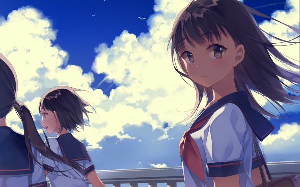Anime Girl Cloud Brown Hair School Uniform Brown Eyes HD Wallpaper | Background Image
