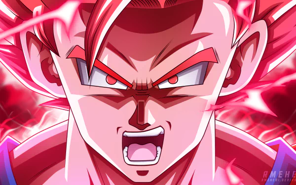 HD desktop wallpaper featuring Goku from Dragon Ball Super, depicted with intense red energy aura, shouting with a determined expression. Perfect background for anime fans.