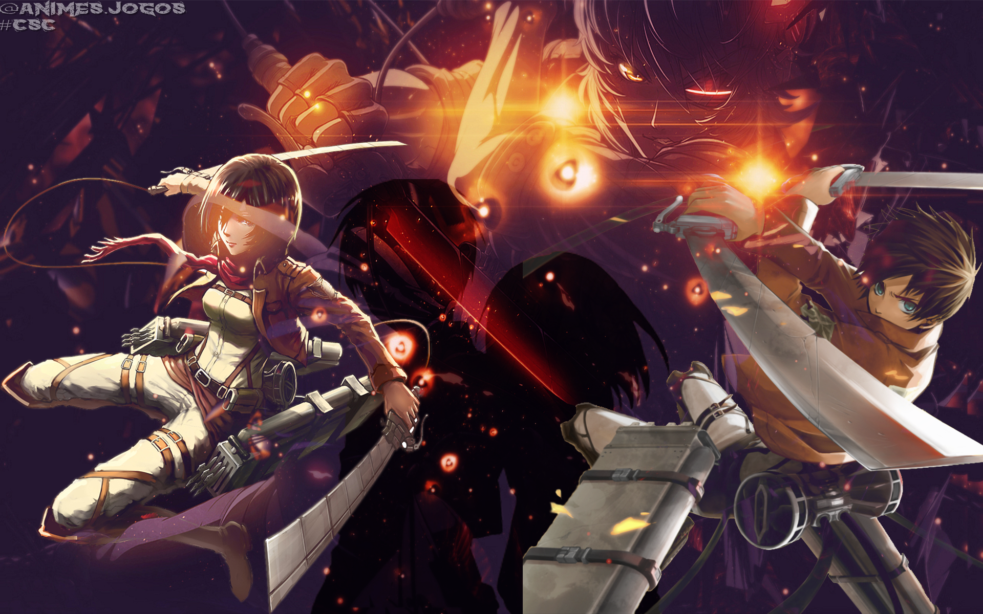 HD anime desktop wallpaper featuring Attack on Titan characters Mikasa Ackerman and Eren Yeager in dynamic battle poses with vibrant, fiery effects.