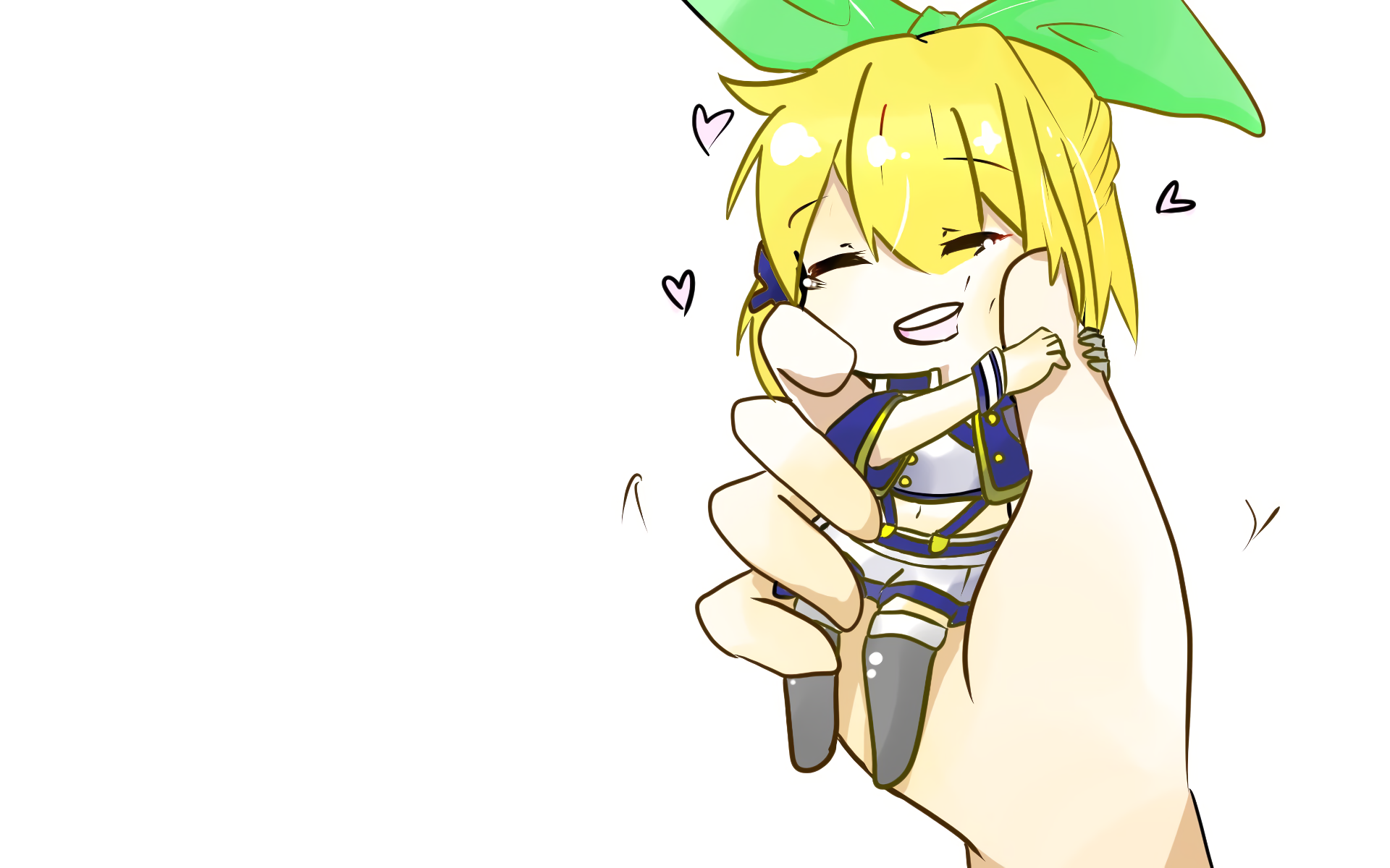 Chibi Rumia Tingel from Rokudenashi Majutsu Koushi to Akashic Records cuddled in a hand, leaf on her head and tiny hearts, anime HD PC desktop wallpaper/background on white.