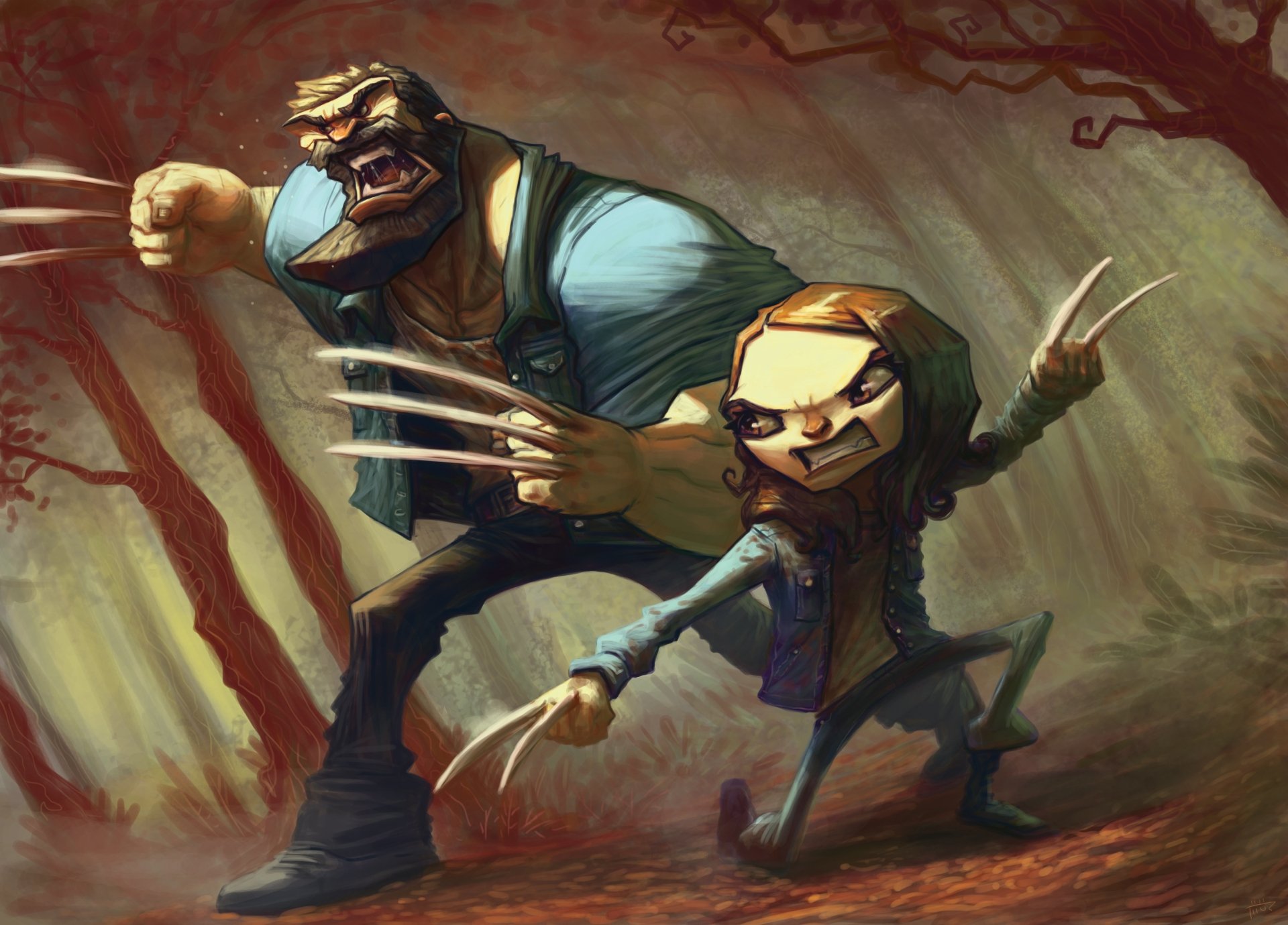 Animated HD desktop wallpaper featuring Laura Kinney (X-23) and Wolverine from the movie Logan, ready for action in a forest setting.