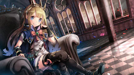 HD PC desktop wallpaper featuring Cagliostro from Granblue Fantasy in detailed anime style, seated in a grand, sunlit room with ornate windows.