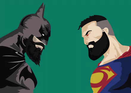 HD illustration of Batman and Superman with beards facing off against a green background; a comic-style DC Comics wallpaper and background.