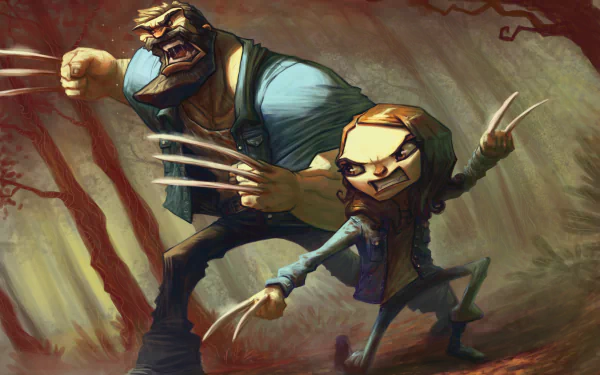 Animated HD desktop wallpaper featuring Laura Kinney (X-23) and Wolverine from the movie Logan, ready for action in a forest setting.