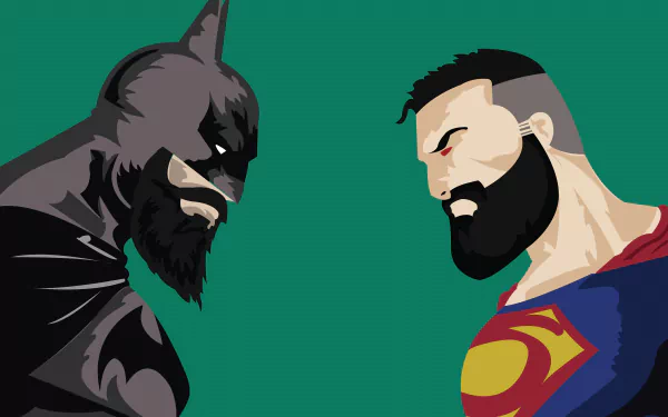 HD illustration of Batman and Superman with beards facing off against a green background; a comic-style DC Comics wallpaper and background.
