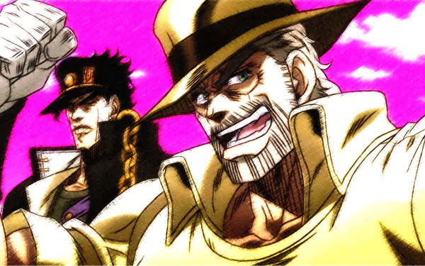 HD desktop wallpaper featuring anime characters Jotaro Kujo and Joseph Joestar from JoJo's Bizarre Adventure against a vibrant pink sky background.