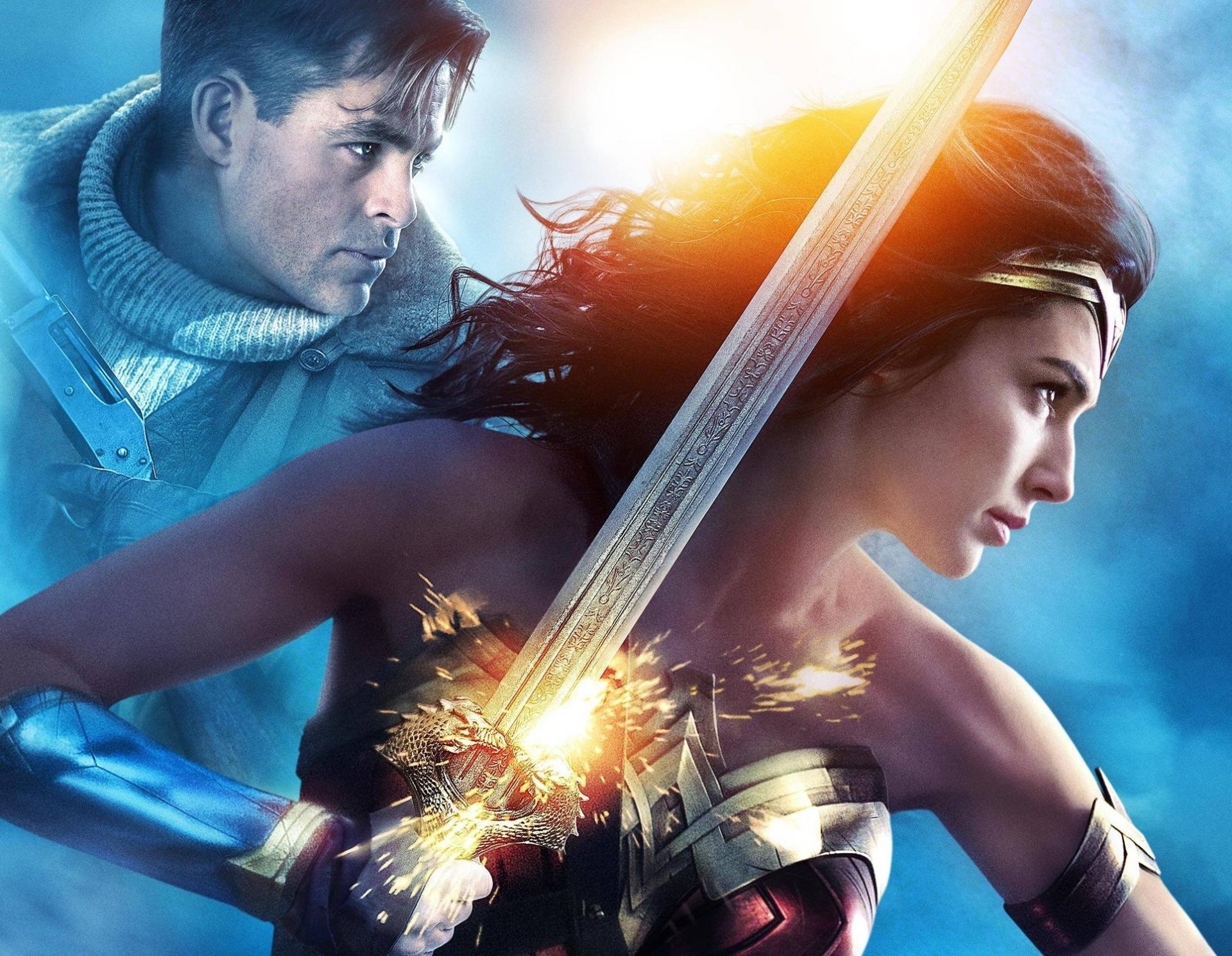 High-definition desktop wallpaper featuring Chris Pine and Gal Gadot from the movie Wonder Woman, showcasing an intense scene with Gal Gadot as Wonder Woman holding a sword.
