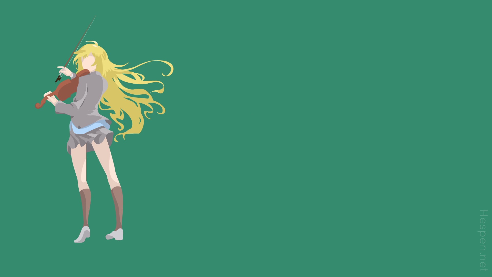 Kaori Miyazono from Your Lie in April playing violin against a solid green background in a 4K Ultra HD anime desktop wallpaper.