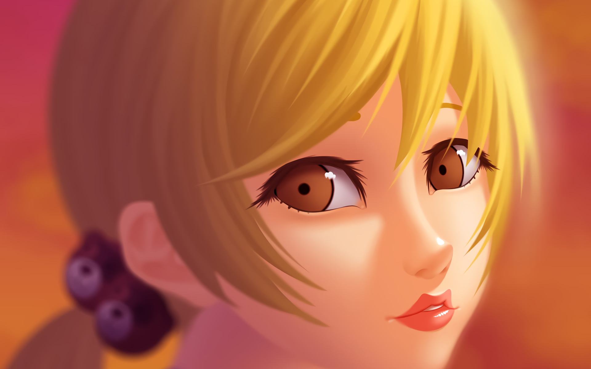 HD PC desktop wallpaper of Nagi Aiza from Your Lie in April — anime close-up of a blonde girl with brown eyes against a warm orange background.