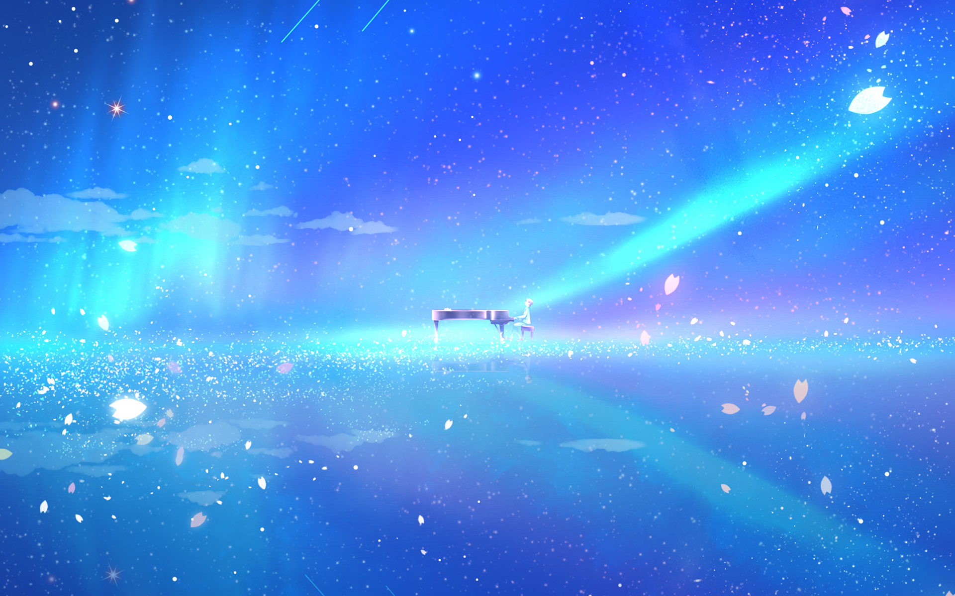 HD PC desktop wallpaper featuring Kousei Arima from the anime Your Lie in April, set against a vibrant, starry, and reflective sky background.