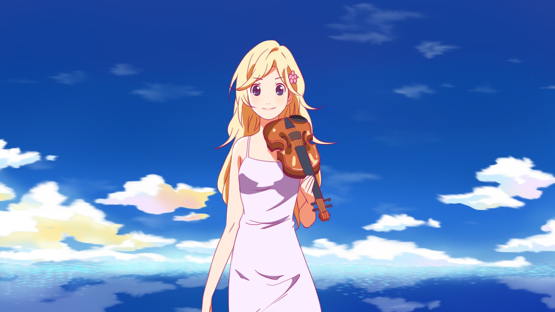 HD anime desktop wallpaper featuring Kaori Miyazono from Your Lie in April playing the violin against a vibrant blue sky with scattered clouds.