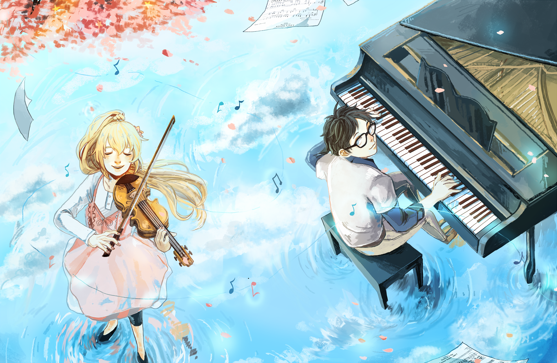 HD anime desktop wallpaper featuring Kousei Arima playing piano and Kaori Miyazono playing violin from Your Lie in April, surrounded by floating musical notes and cherry blossoms.