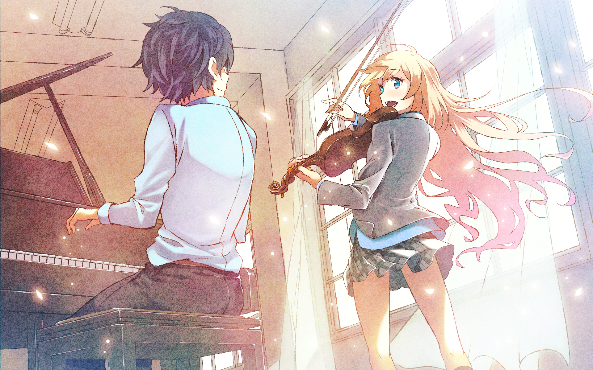 HD desktop wallpaper of Kousei Arima playing piano and Kaori Miyazono with a violin, from the anime Your Lie in April. The scene is bright with sunlight streaming through a window.