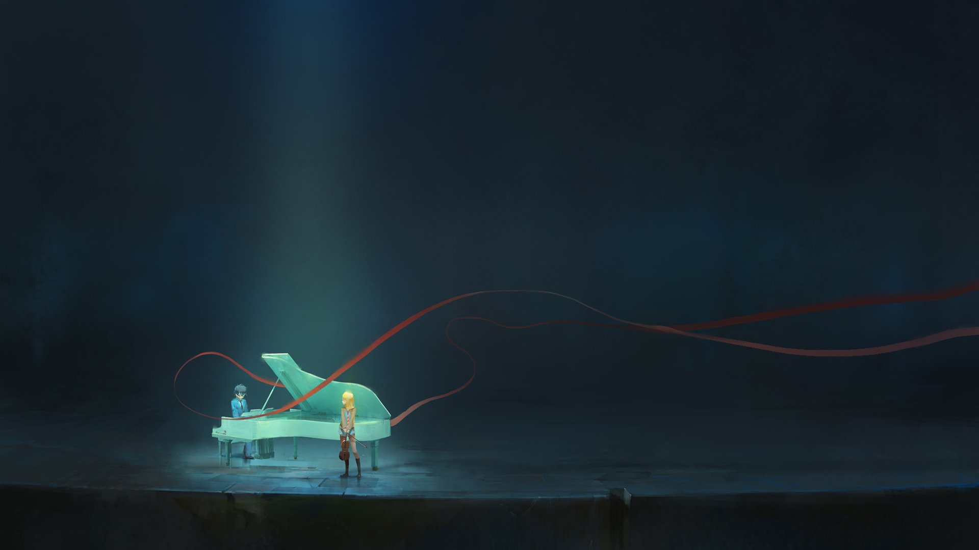 HD desktop wallpaper featuring Kousei Arima and Kaori Miyazono from the anime Your Lie in April, with a piano in a dimly lit, atmospheric setting.