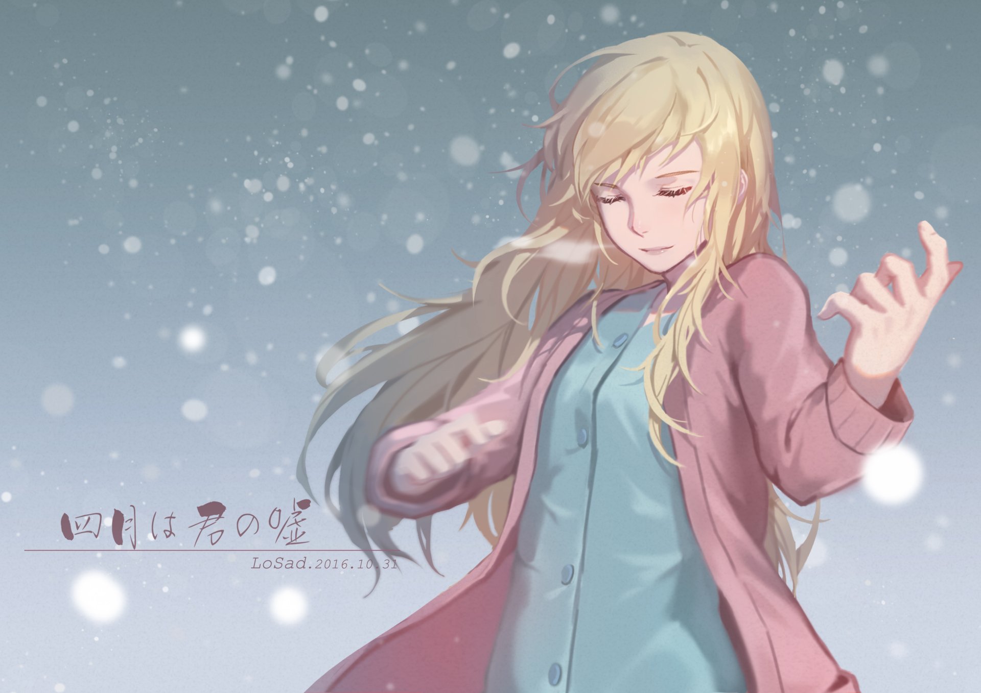 HD desktop wallpaper featuring Kaori Miyazono from the anime Your Lie in April, with a serene expression, set against a snowy background.