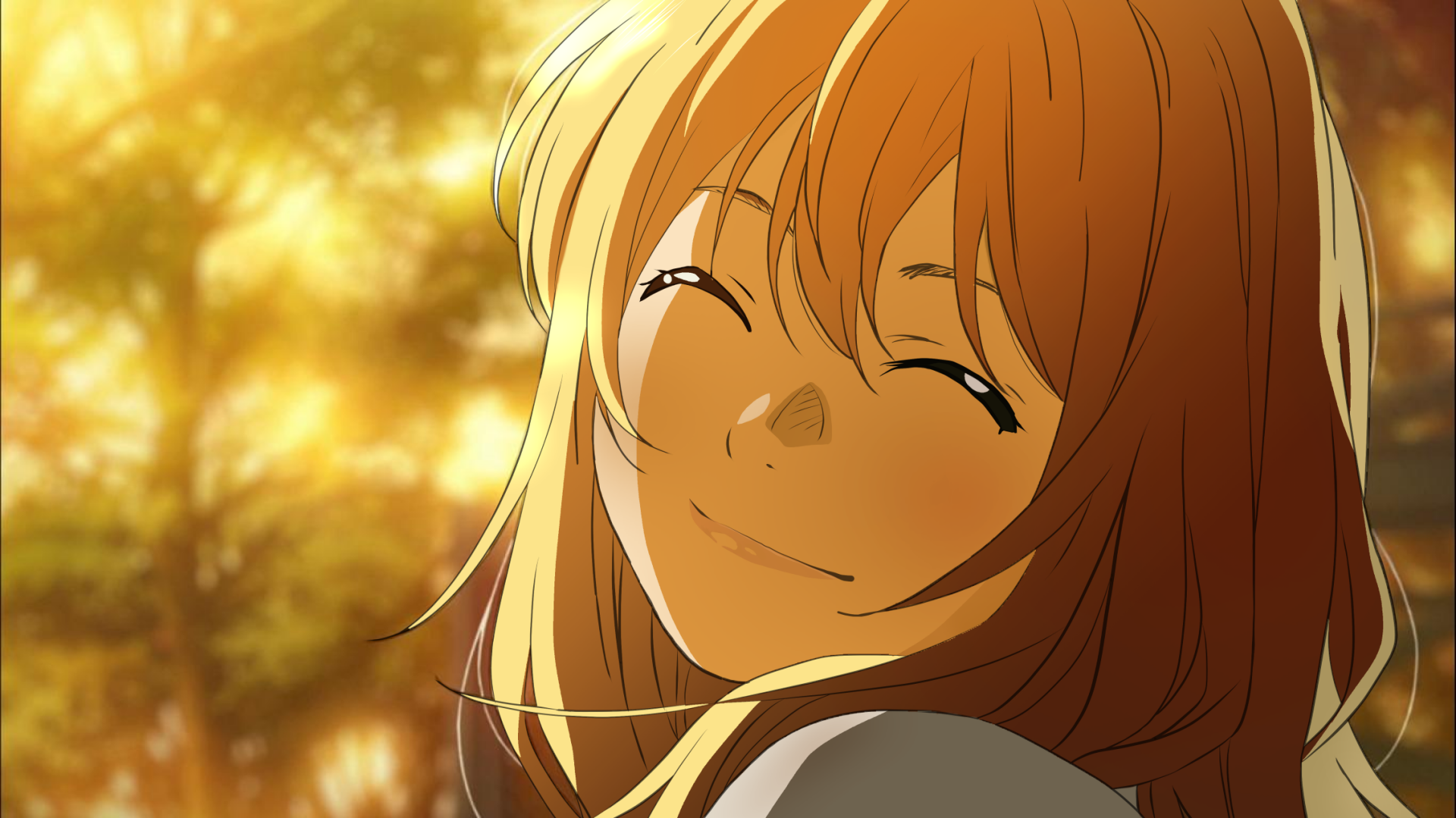 HD anime wallpaper featuring Kaori Miyazono from Your Lie in April, smiling warmly with golden sunlight filtering through autumn leaves in the background.