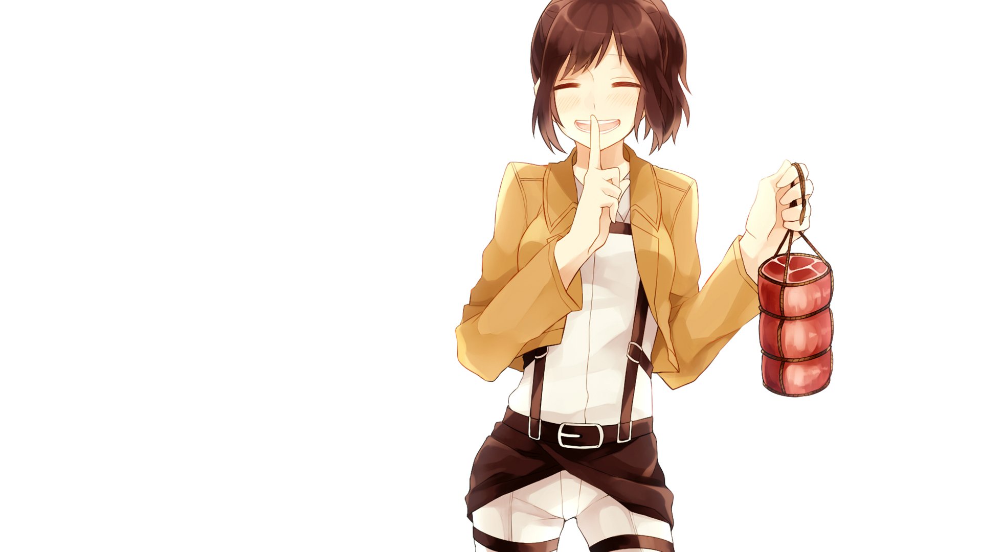 HD PC desktop wallpaper featuring Sasha Blouse from the anime Attack on Titan, holding a bundle of red objects and smiling with a shushing gesture.
