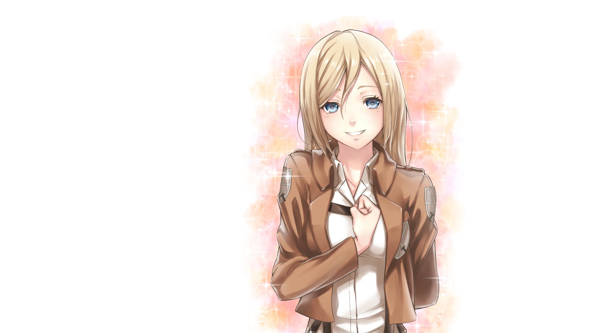 HD anime wallpaper featuring Historia Reiss from Attack on Titan, showcasing her with a gentle expression and Survey Corps uniform against a soft, pastel background.