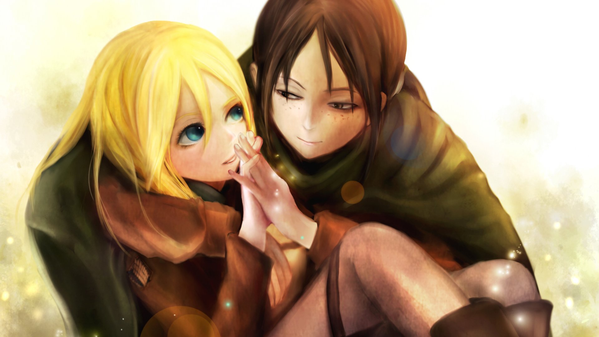 HD anime desktop wallpaper of Ymir and Historia Reiss from Attack on Titan, depicting a tender moment between the two characters.