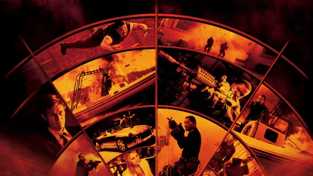 HD PC desktop wallpaper for the movie X: State of the Union — red-orange circular collage of action scenes with gunfights, explosions, speeding cars and silhouetted figures.