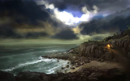 HD artistic desktop wallpaper of a dramatic coastline with crashing ocean waves, dark clouds, and light breaking through a cave opening along the rocky sea coast.