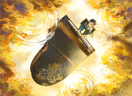 HD desktop wallpaper featuring Kousei Arima from the anime Your Lie in April, playing piano in an ethereal setting surrounded by golden autumn leaves and glowing light.