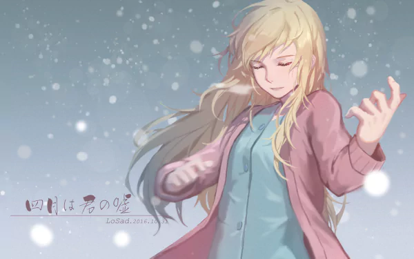 HD desktop wallpaper featuring Kaori Miyazono from the anime Your Lie in April, with a serene expression, set against a snowy background.