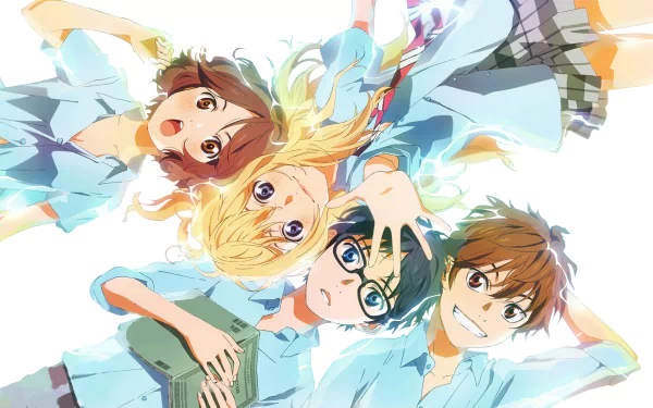 HD desktop wallpaper featuring Ryota Watari, Tsubaki Sawabe, Kousei Arima, and Kaori Miyazono from the anime Your Lie in April lying together, smiling, with a vibrant, bright background.