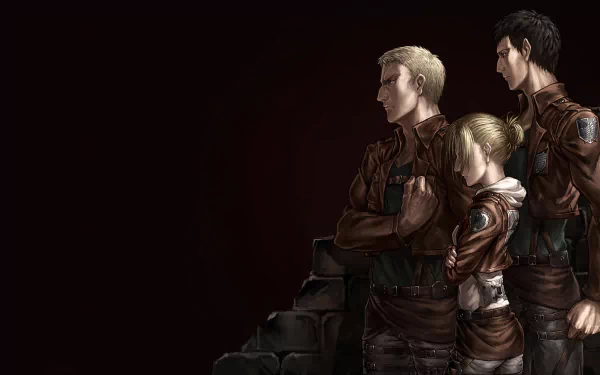 HD anime desktop wallpaper featuring Bertholdt Hoover, Reiner Braun, and Annie Leonhart from Attack on Titan standing side by side against a dark background.